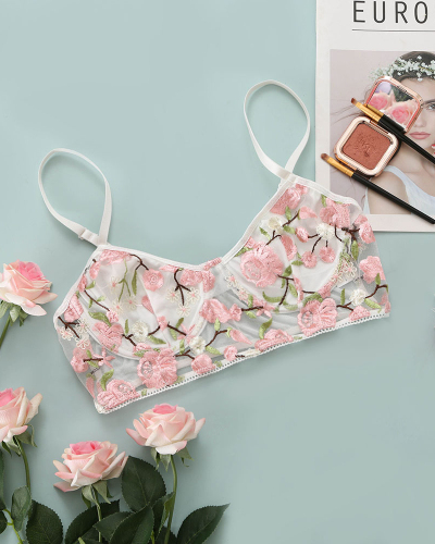 Women Sexy See-through Embroidered Floral Mesh Bralette Top S-L