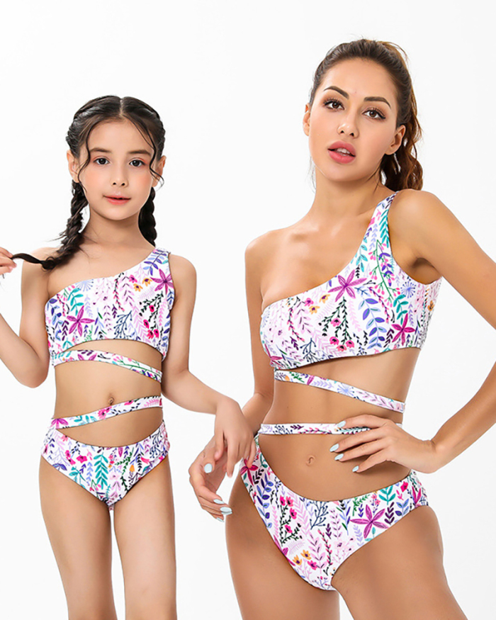 Fashion New Floral Printed Sexy Strappy One-Shoulder Parent-Child Bikini Swimming One-Piece Suit Adult S-Adult XL Child 104-Child 164