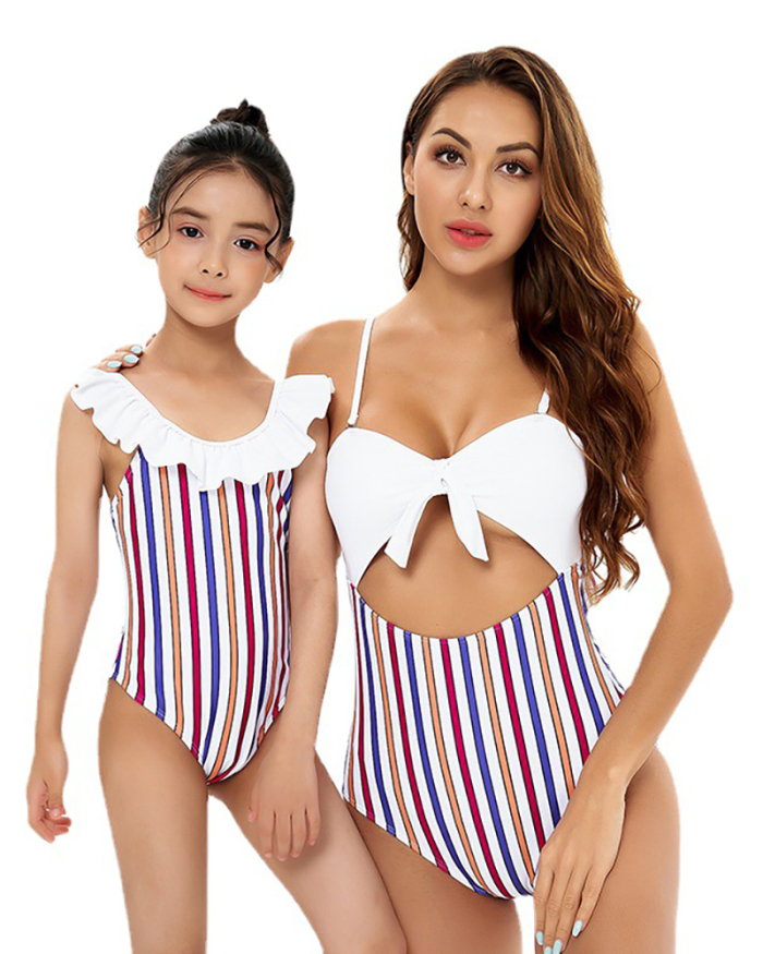 Fashion Stripe Printed Color Block Stitching Cute Bowknot One-Piece Backless Bikini Mother and Daughter Swimsuit Adult S-Adult XL Child 104-Child 164