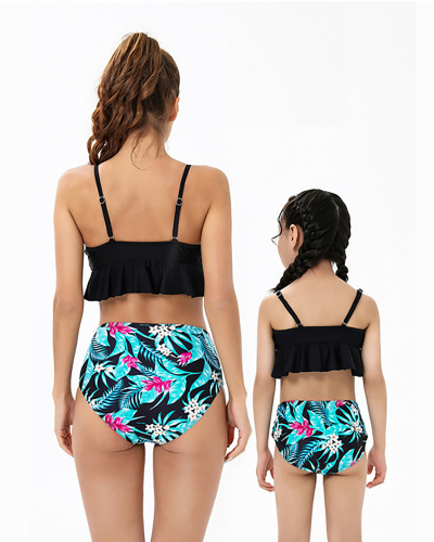 New Sexy Printed High Waist Split Parent-Child Swimsuit Bikini with Ruffles Adult S-Adult XL Child104-Child164