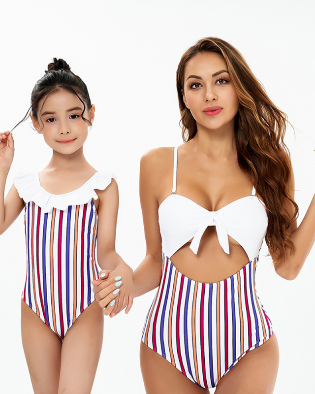 Fashion Stripe Printed Color Block Stitching Cute Bowknot One-Piece Backless Bikini Mother and Daughter Swimsuit Adult S-Adult XL Child 104-Child 164