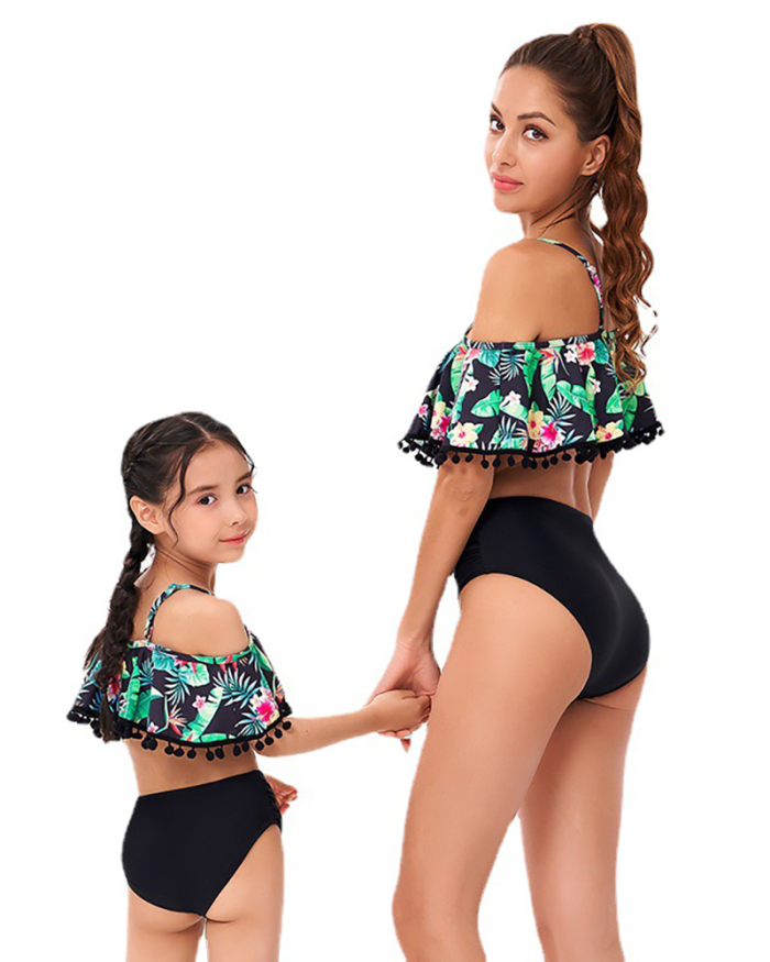 Fashion New Sling Floral Printed Tassel Decoration High Waist Mother and Daughter Two-Piece Bikini Swimsuit Adult S-Adult XL Child 104-Child 164