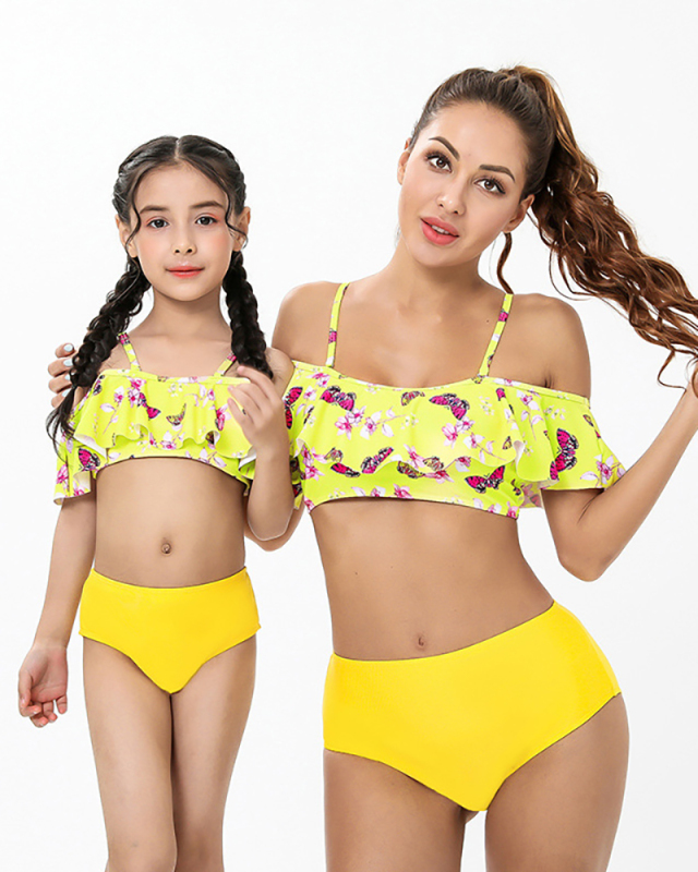 New Sexy Printed Split High Waist with Ruffles Two-Piece Swimwear Bikini Adult S-Adult XL Child104-Child164