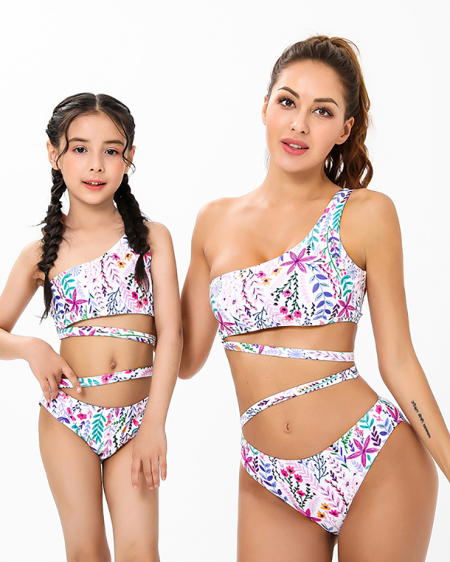 Fashion New Floral Printed Sexy Strappy One-Shoulder Parent-Child Bikini Swimming One-Piece Suit Adult S-Adult XL Child 104-Child 164