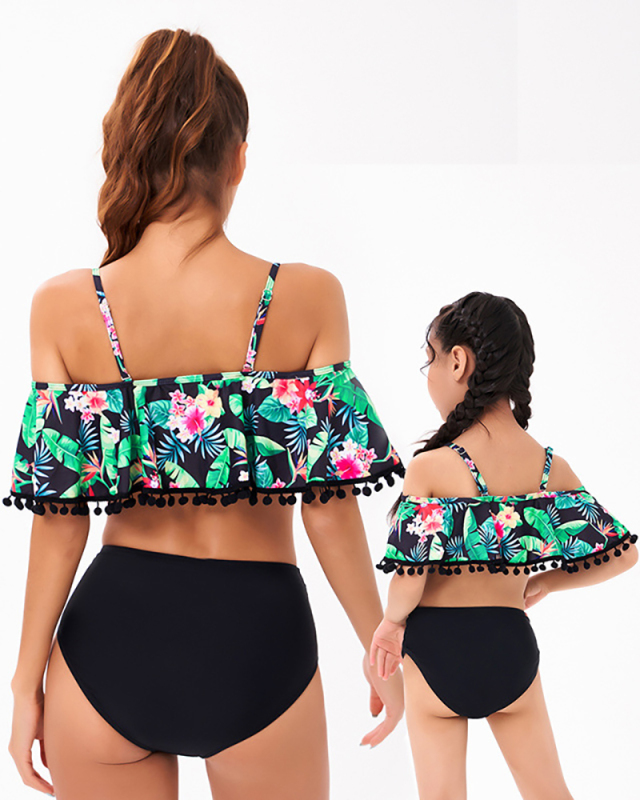 Fashion New Sling Floral Printed Tassel Decoration High Waist Mother and Daughter Two-Piece Bikini Swimsuit Adult S-Adult XL Child 104-Child 164