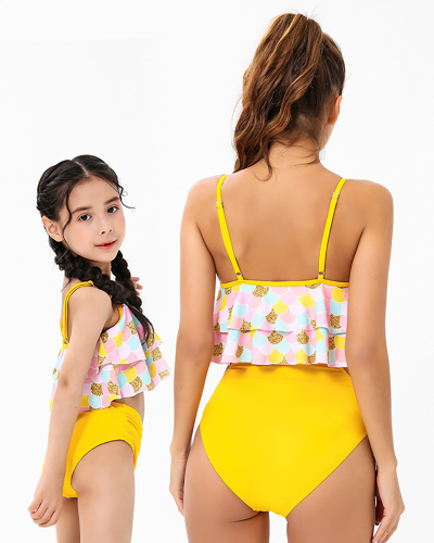 Fashion New Graphic Printed Ruffled Halter bikini mother and daughter swimming suit