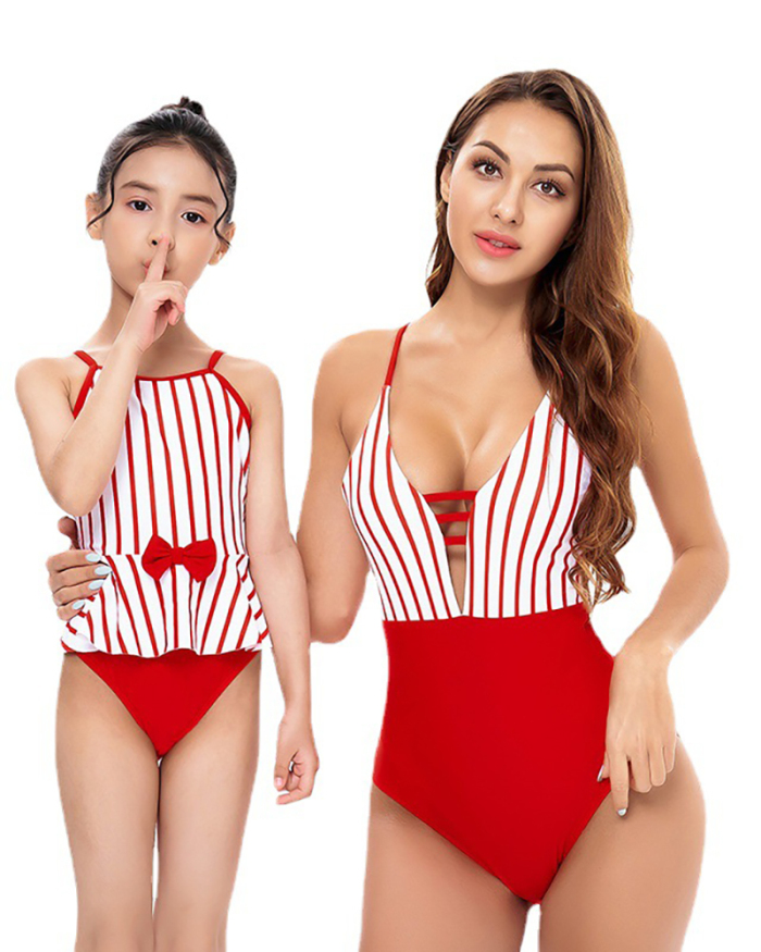Fashion New Red Stripe Printed Sling Hollow Mother and Daughter One-Piece Bikini Swimsuit Adult S-XL Child 104-Child 164