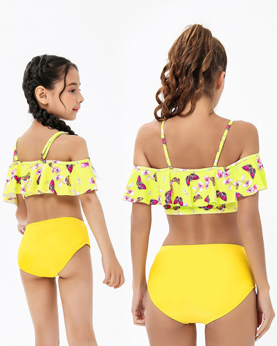 New Sexy Printed Split High Waist with Ruffles Two-Piece Swimwear Bikini Adult S-Adult XL Child104-Child164