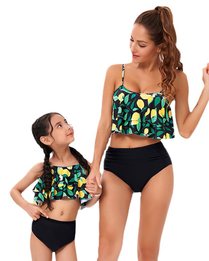 Fashion New Floral Printed Ruffled Sling Bikini Two-Piece Mother and Daughter Swimsuit AdultS-AdultXL Child104-Child164