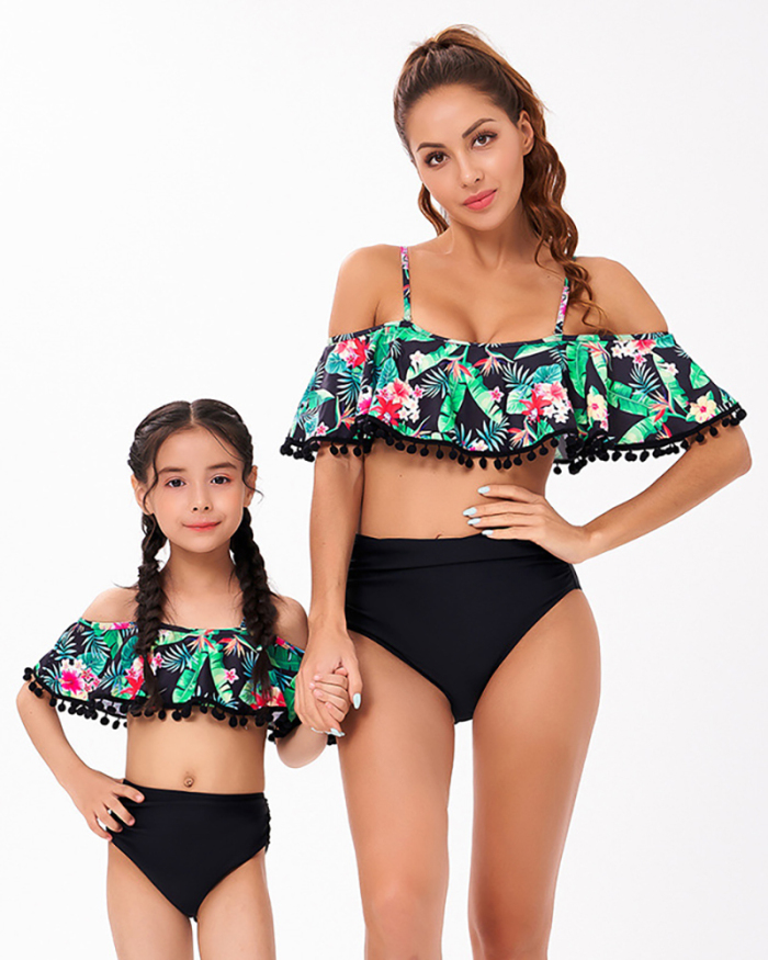 Fashion New Sling Floral Printed Tassel Decoration High Waist Mother and Daughter Two-Piece Bikini Swimsuit Adult S-Adult XL Child 104-Child 164
