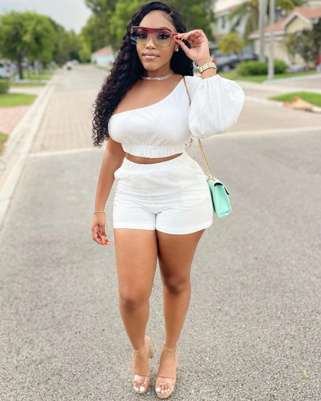 Single Shoulder Women Summer Solid Color Two Piece Short Set