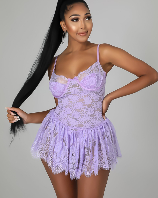 Adjustable Women Lace See Through Dress S-XXL