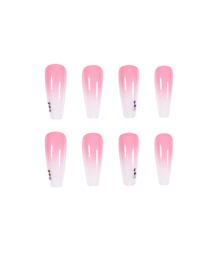 24pcs White Pink Crystal Long Ballet Fake Nails Artificial Nails Removable Nail Patches