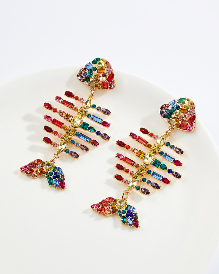 Fashion Exaggerated Creative Full Diamond Fishbone Fancy Color Diamond Earrings