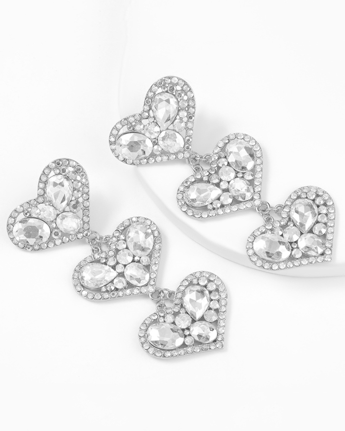 Super Flash Claw Chain Series Multilayer Love Heart-Shaped Alloy Diamond-Studded Rhinestone Glass Diamond Earrings