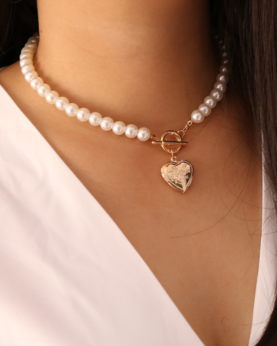 Elegant Style Heart Pendant Handmade Pearl Necklace