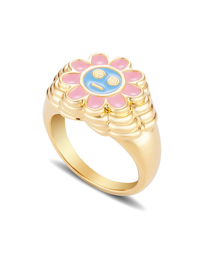 Sunflower Oil Drop Brass Gold Plated Color Preserving Cute Smiley Ring #6 #7 #8 #9