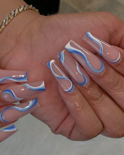 24pcs Wave Lines Style Blue White Long Ballet Artificial Nails Fake Nails