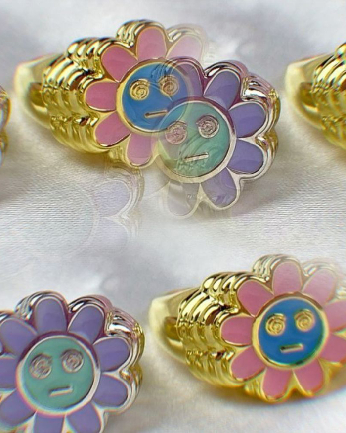 Sunflower Oil Drop Brass Gold Plated Color Preserving Cute Smiley Ring #6 #7 #8 #9