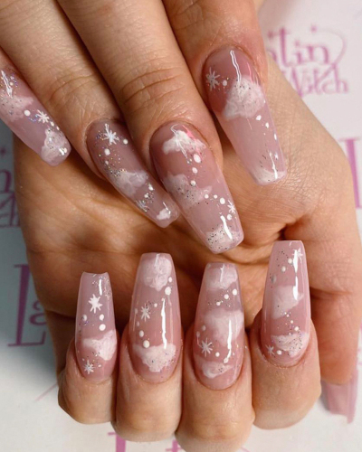 24pcs Long Ballet Nude Pink Clouds Pattern Artificial Nails Fake Nails Waterproof Removable Nail Patch