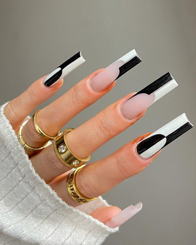 24pcs Black White Long Ballet Nails Artificial Fake Nails Waterproof Removable Nail Patches
