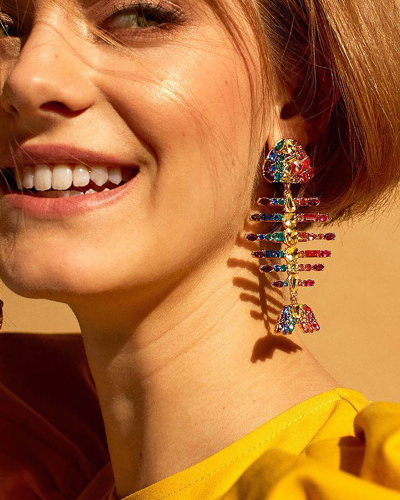 Fashion Exaggerated Creative Full Diamond Fishbone Fancy Color Diamond Earrings