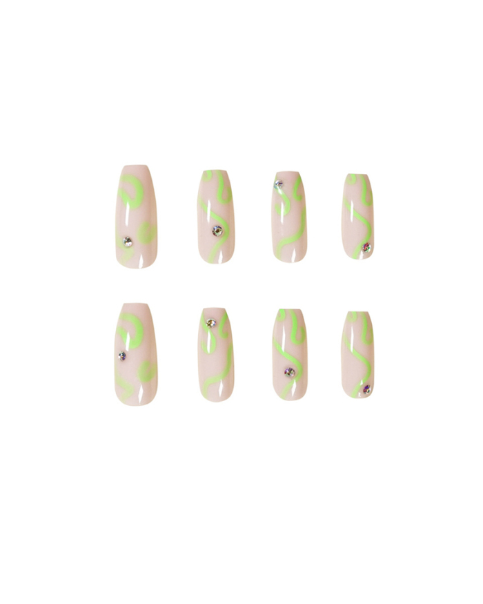 24pcs Wave Lines Style Nude Color Green Crystal Artificial Nails Fake Nails Removable Nail Patches