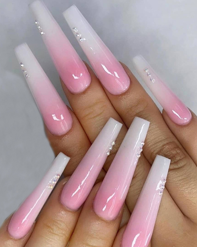 24pcs White Pink Crystal Long Ballet Fake Nails Artificial Nails Removable Nail Patches