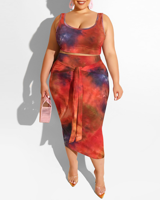 New Summer Multicolor Sleeveless Women Tie Dye Plus Size Two Piece Sets Skirt Sets XL-5XL