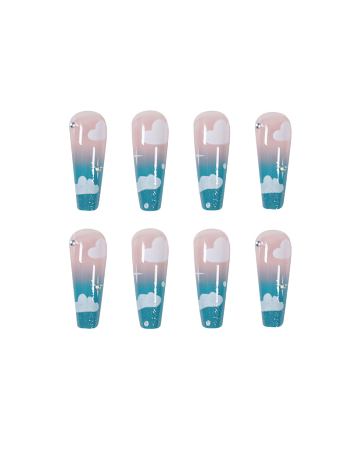 Sky Blue Clouds Pattern Artificial Nails Long Nails Removable