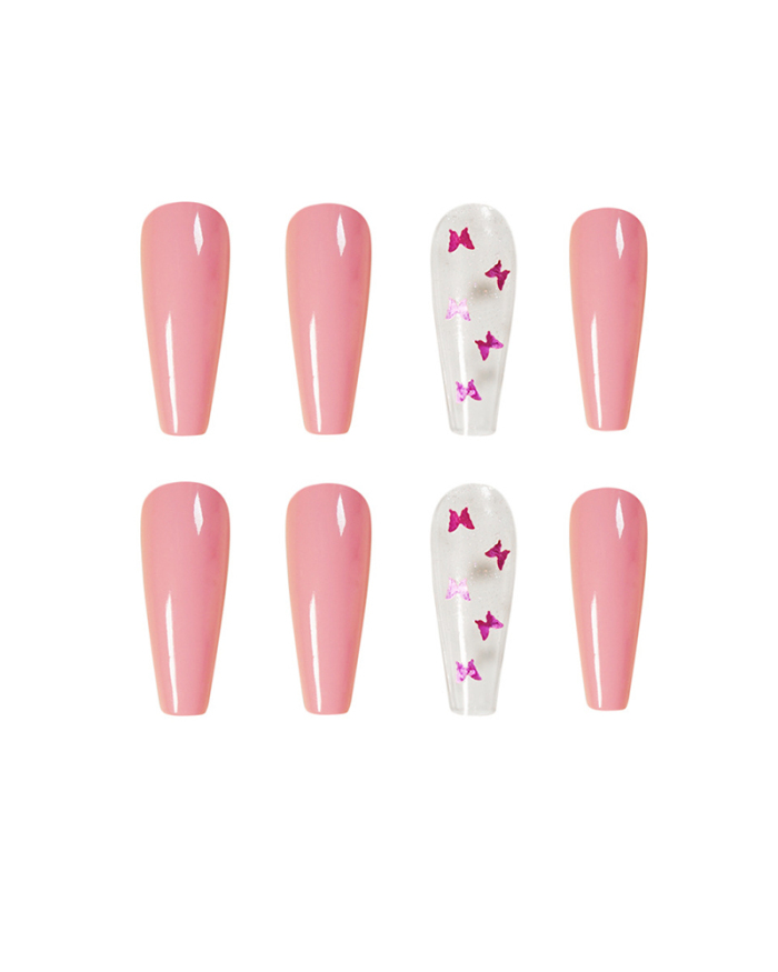 24pcs Butterfly Pattern Solid Pink Long Artificial Nails