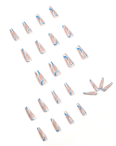 24pcs Wave Lines Style Blue White Long Ballet Artificial Nails Fake Nails