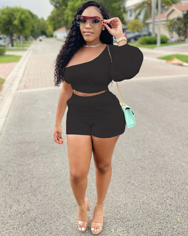 Single Shoulder Women Summer Solid Color Two Piece Short Set