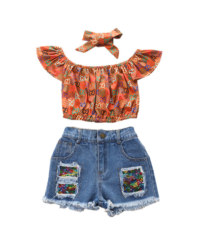Summer Printed Tops Jeans Three Piece Sets Kids Clothes