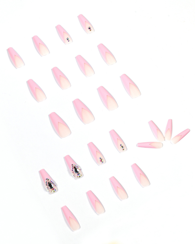 24pcs Pink Long Ballet Crystal Artificial Nails Fake Nails Removable Nail Patches