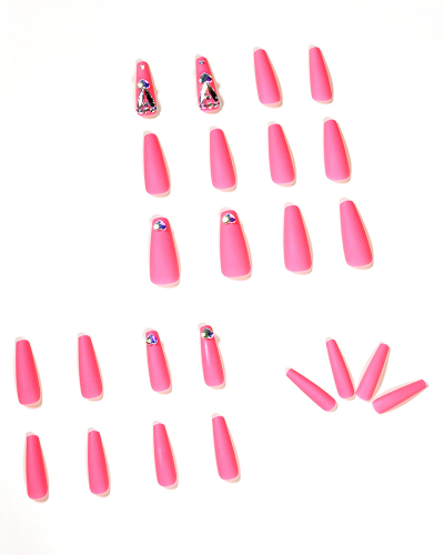 24pcs Fluorescent Pink Rabbit Crystal Artificial Nails Fake Nails Removable Nail Patches