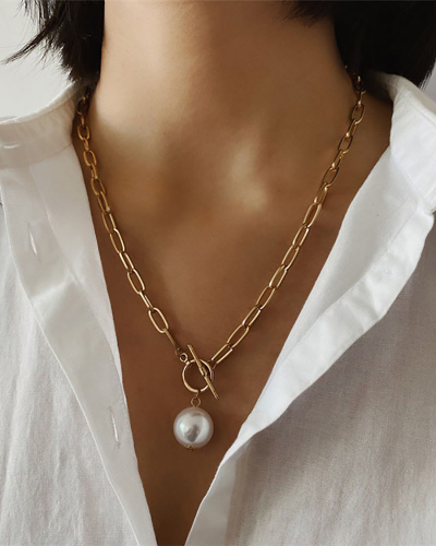 Vintage Metal Chain OT Buckle Imitation Pearl Pendant Necklace