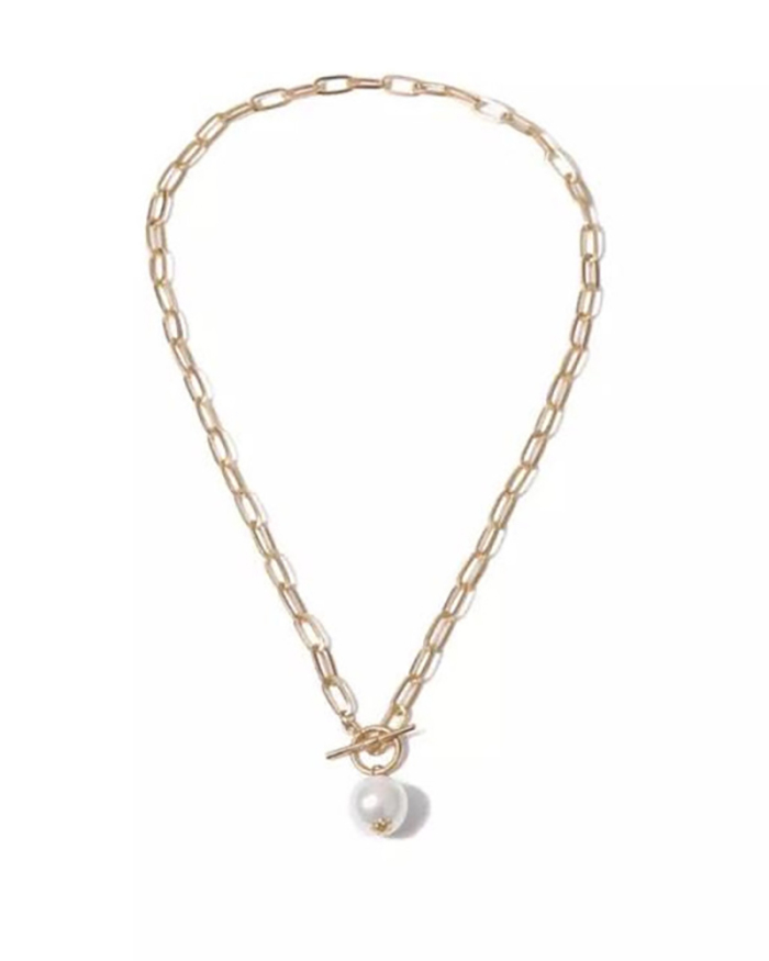 Vintage Metal Chain OT Buckle Imitation Pearl Pendant Necklace