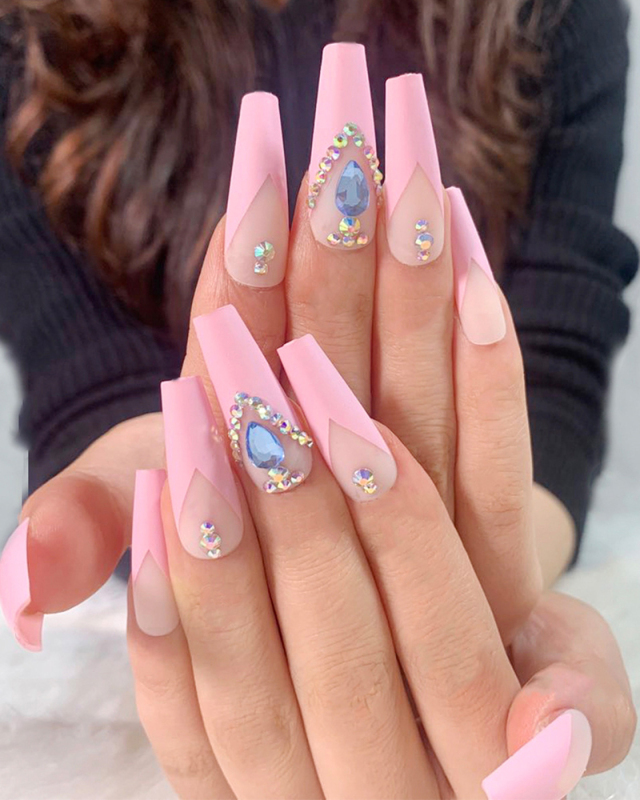 24pcs Pink Long Ballet Crystal Artificial Nails Fake Nails Removable Nail Patches