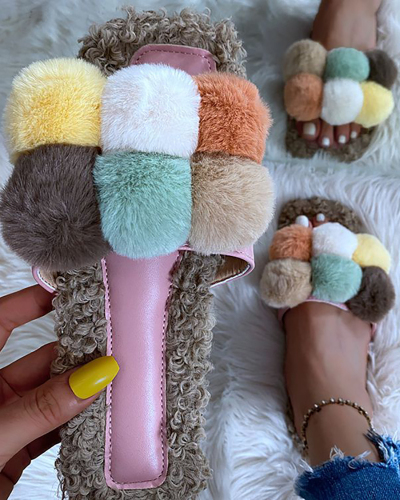 Women Square Head Cute Fur Slippers