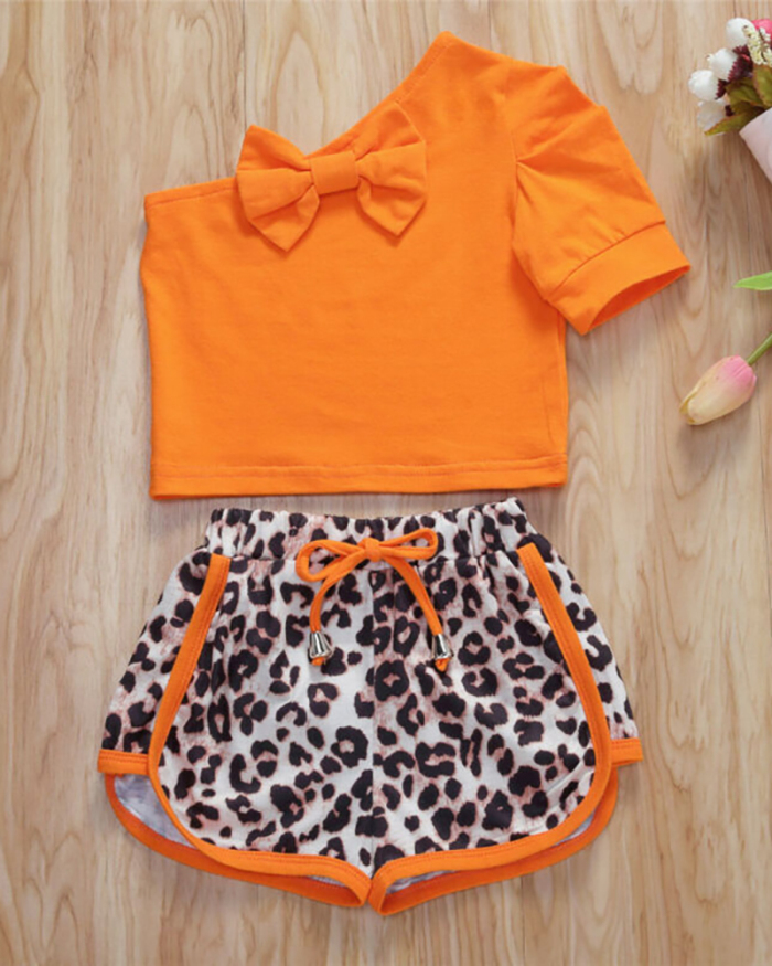 Kids Orange One Sleeve Cute Bow Leopard Shorts Kids Clothes Two Piece Sets 80-120cm