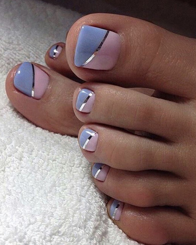 24pcs Blue Pink French Style Artificial Toenails Fake Toenails Removable Toenail Patches