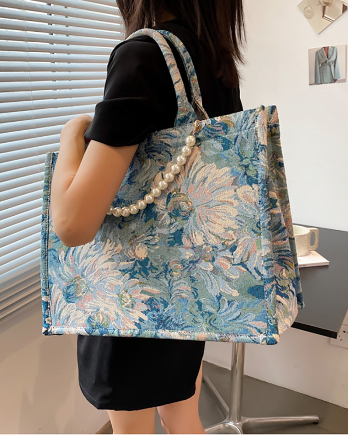 Women Niche Design Monet's Garden Oil Painting Canvas Tote Large-Capacity One-Shoulder Messenger Bag