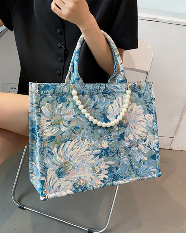 Women Niche Design Monet's Garden Oil Painting Canvas Tote Large-Capacity One-Shoulder Messenger Bag