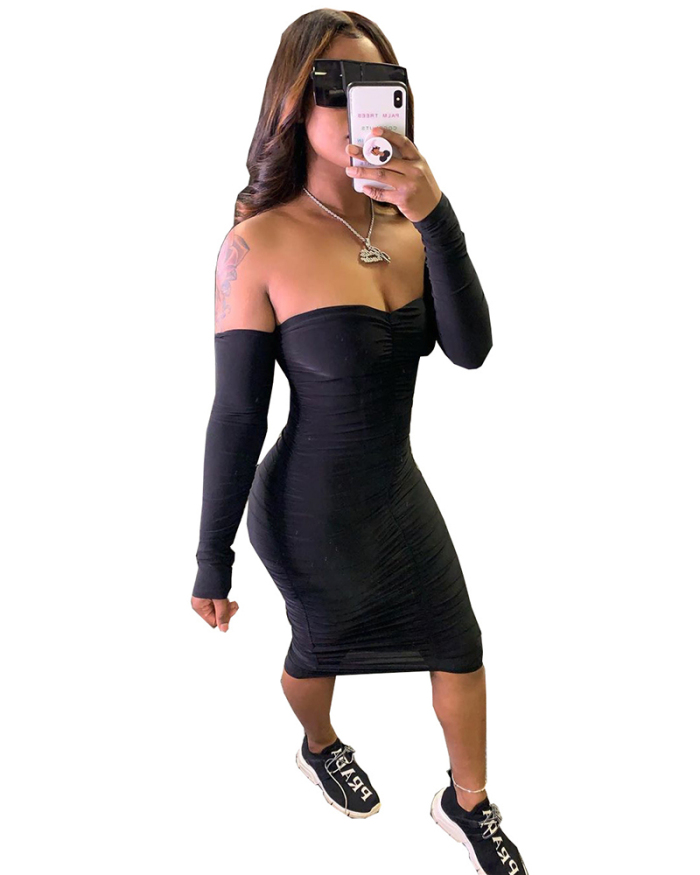 Women Casual Long Sleeve Off Shoulder Midi Bodycon Dress Beige Brown Black S-XL