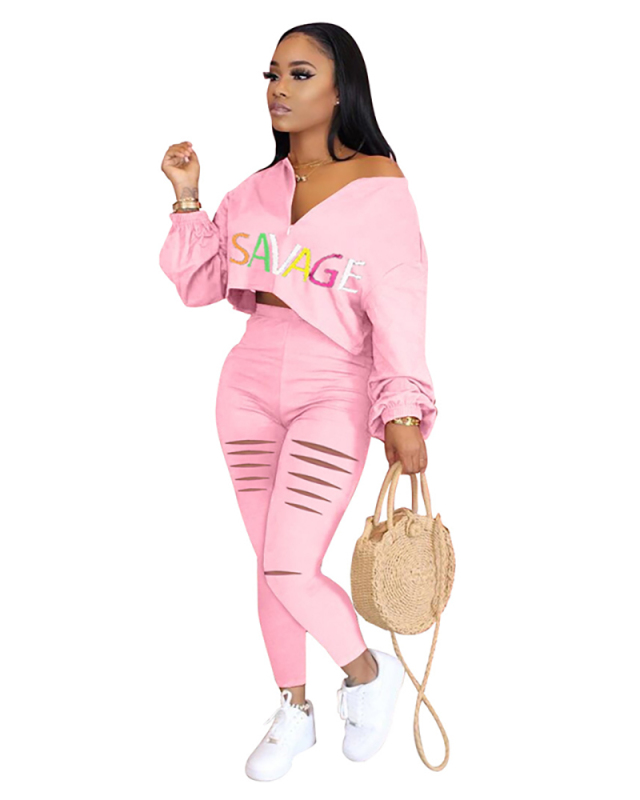 Woman Long Sleeve V Neck Tops Hollow Out Pants Two Pieces Outfit Pink Red Black S-3XL