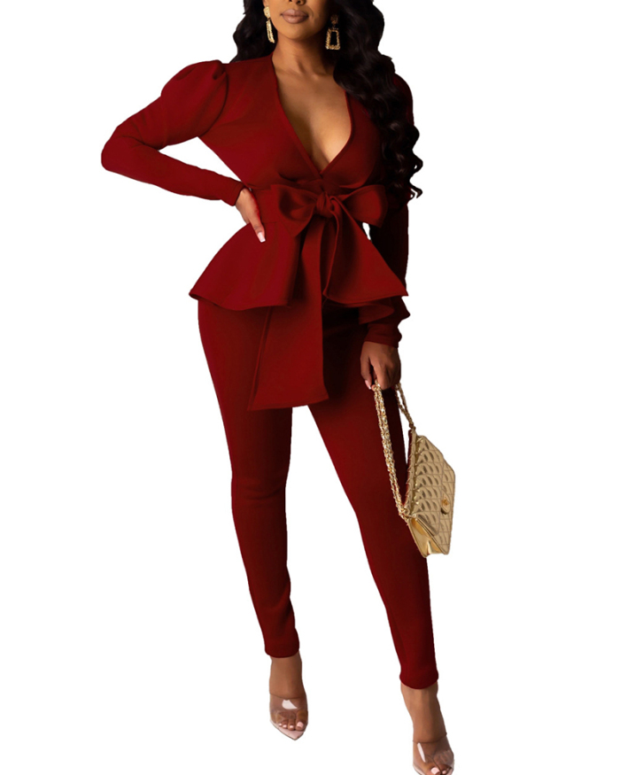 Stylish Ruffle Elegant Solid Color Women Suit Pants Sets Two Pieces Outfit White Black Red Wine Red Blue Dark Green S-2XL