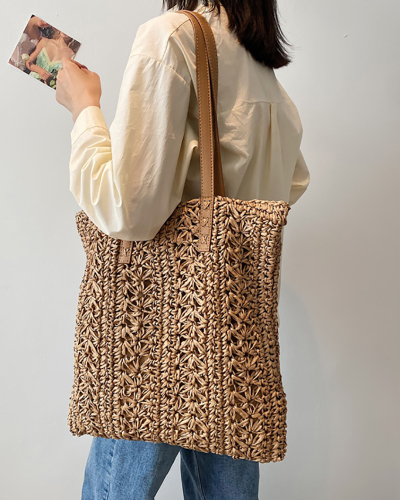 Large-Capacity Woven Rattan Shoulder Bag Beach Bag Portable Shopping Bag