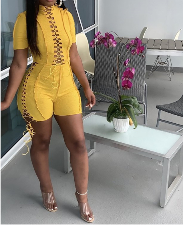 High Neck Women Solid Color Fashion Hot Short Jumpsuit S-XL