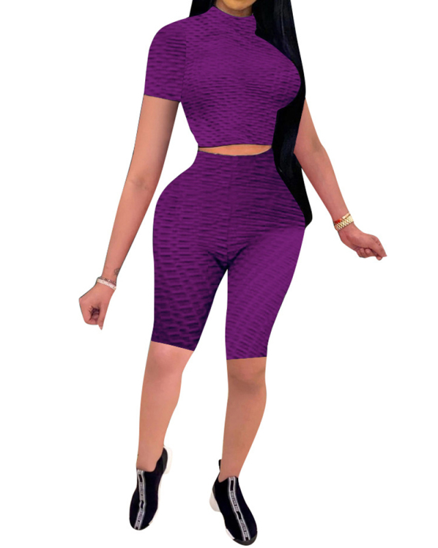 Women Short Sleeve Solid Color Two Pieces Outfit Short Sets Black Gray Wine Red Blue Purple S-2XL